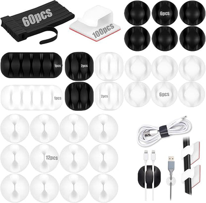 190 PCS Silicone Cord Holder Set with 100 x Type R Cable Clips 30 x Multi-Type Adhesive Cable Clips 60 x 6inch Reusable Fastening Cord Ties Wire Organizer for Nightstand Desk Office or Ethernet Cable