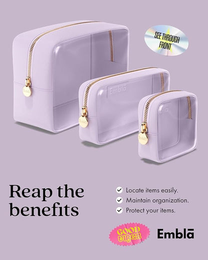 Clear Cosmetic Bags Set of 3, Mini Small Large Makeup Bags For Women Clear Pouch Cosmetics Cases Zipper Cute Pouches Make Up Travel Toiletry Essentials Preppy Purse Organizer Makeup Cases, Lilac