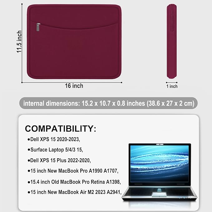 Laptop Sleeve 15.6 inch, Shockproof Protective Laptop Cover Briefcase Carrying Bag with Accessory Pocket, Portable Computer Case Compatible with MacBook, HP, Dell, Lenovo, Asus, Wine Red