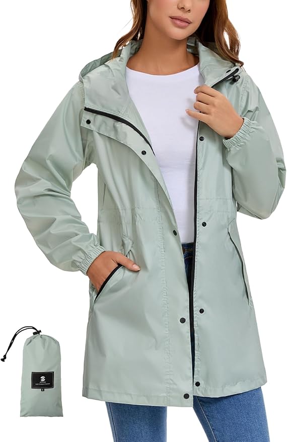 SaphiRose Women's Lightweight Long Rain Jacket Packable Raincoat Hooded Outdoor Trench Coats