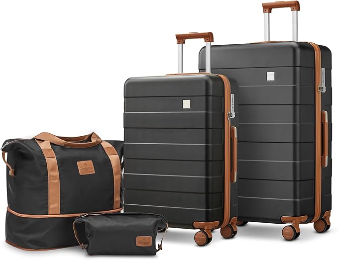 imiomo Luggage Sets 2 Piece Check and Large,Hardside Suitcase with Spinner Wheels, Lightweight Rolling Travel Luggage with TSA Lock (Black, 4PCS)