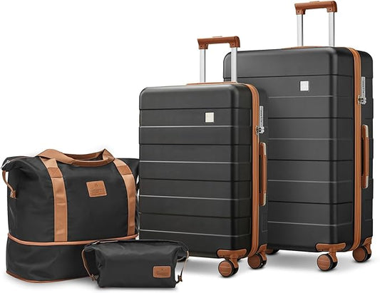 imiomo Luggage Sets 2 Piece Check and Large,Hardside Suitcase with Spinner Wheels, Lightweight Rolling Travel Luggage with TSA Lock (Black, 4PCS)