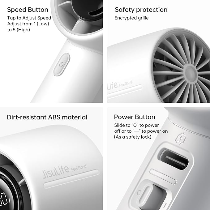 JISULIFE Handheld Turbo Fan Life10s, 5000mAh Rechargeable Portable Fans,Up to 28 Hours Working,5 Speed Strong Wind,Personal Mini Fan for Travel Outdoor Camping Beach Makeup（Gray）