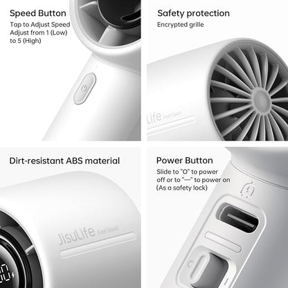 JISULIFE Handheld Turbo Fan Life10s, 5000mAh Rechargeable Portable Fans,Up to 28 Hours Working,5 Speed Strong Wind,Personal Mini Fan for Travel Outdoor Camping Beach Makeup（Gray）