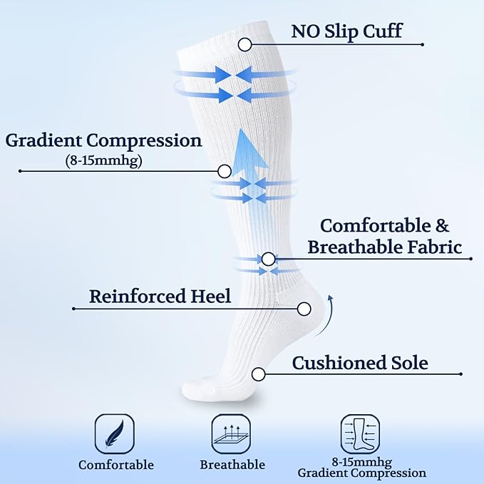 LIN PERFORMANCE Compression Socks for Women and Men 3 Pairs 8-15 mmHg Cotton Knee High Support Socks for Travel Sport