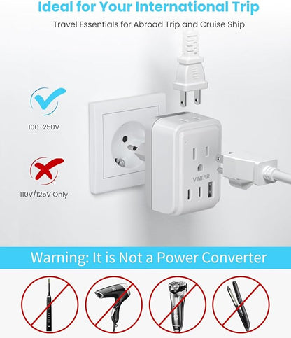 VINTAR Universal Travel Adapter Kit, International Power Adapter with 3 USB Ports (2 USB C, 3.4A) and 2 AC, Type A,C,D,E/F,G,H,I,L,M Detachable Attachments, Adapter for India/Africa/EU/UK//AU/JP/US