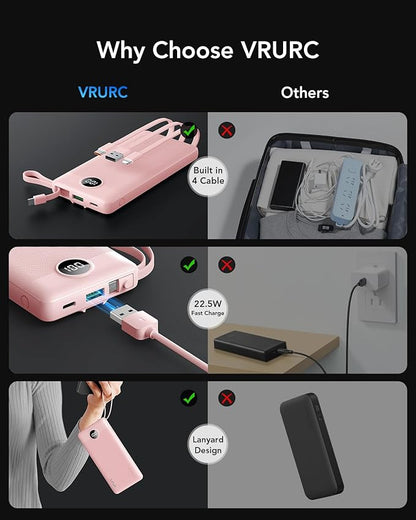VRURC Portable Phone Charger, 20W PD Fast Charging Portable Charger for iPhone, 10000mAh Battery Bank with Cables, 4 Output 3 Input USB C Battery Pack for iPhone 17 16 15 14 13,Samsung Galaxy-Pink