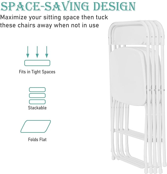 20 Pack White Plastic Folding Chairs Portable Stackable Commercial Party Folding Chairs with Steel Frame 350lbs for Home Office Outdoor Indoor Office Wedding Party Events