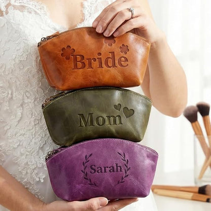 Luxury Personalized Leather Makeup Bags Crafted in USA, Full-Grain Leather Cosmetic Bag Engraved Name Initials or Logo, Birthday Anniversary Christmas or Mother Gift, Italian Zipper, Purse for Women