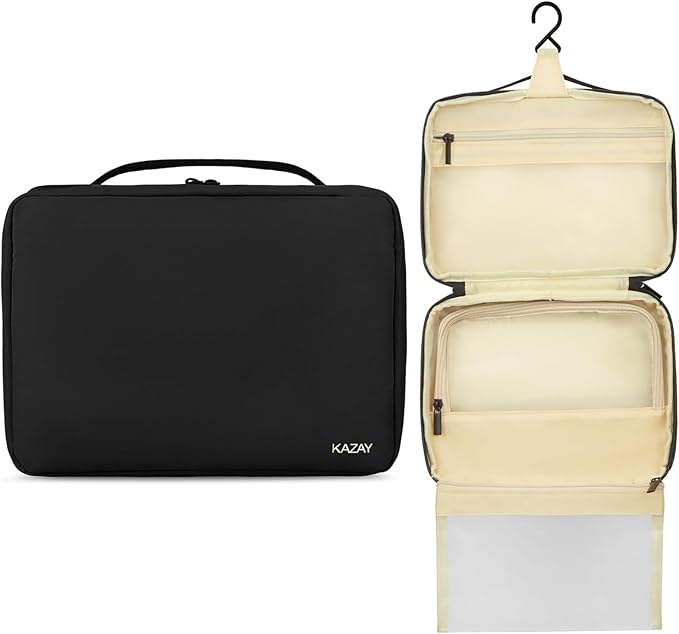KAZAY Hanging Toiletry Bag with TSA Approved Detachable Pouch, Travel Toiletry Bag, Water Resistant, Premium Nylon, Travel Size Toiletries Cosmetic Bag, Makeup Bag, Unisex (Black)