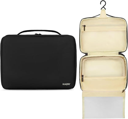 KAZAY Hanging Toiletry Bag with TSA Approved Detachable Pouch, Travel Toiletry Bag, Water Resistant, Premium Nylon, Travel Size Toiletries Cosmetic Bag, Makeup Bag, Unisex (Black)