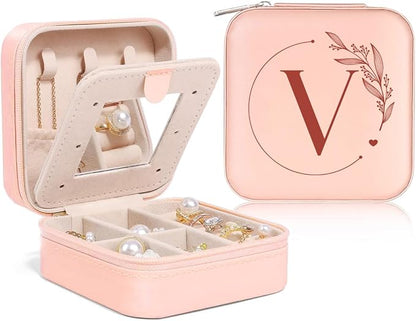 SANDJEST Personalized Jewelry Box, Pink Small Travel Jewelry Box with Initial V, Monogrammed Jewelry Case Organizer for Girls Women Teen, Mini Travel Essentials Gifts for Christmas Birthday