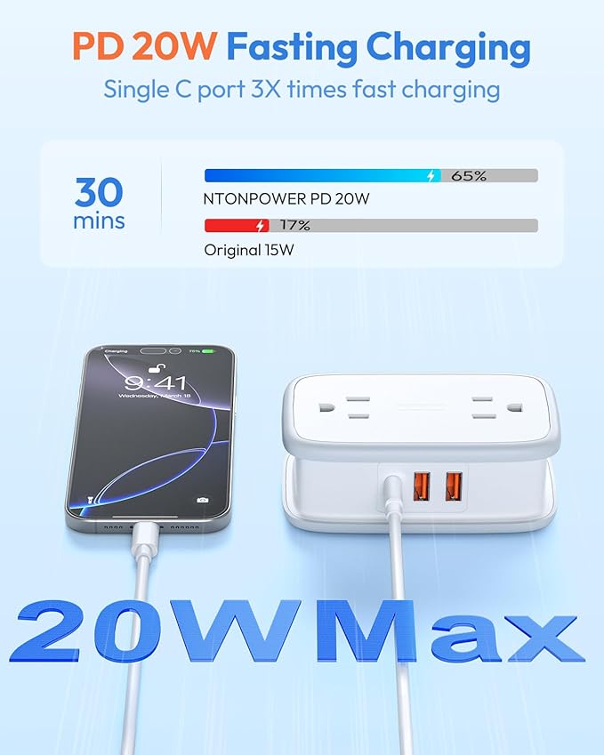 NTONPOWER 20W Travel Power Strip, Travel Essentials 4 Outlets 3 USB(1 USB-C) with 4FT Wrapped Extension Cord Flat Plug, Vacation Essentials for Hotel Travel Camping Cruise Essentials 2025, White