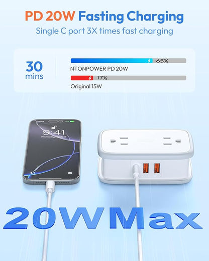 NTONPOWER 20W Travel Power Strip, Travel Essentials 4 Outlets 3 USB(1 USB-C) with 4FT Wrapped Extension Cord Flat Plug, Vacation Essentials for Hotel Travel Camping Cruise Essentials 2025, White