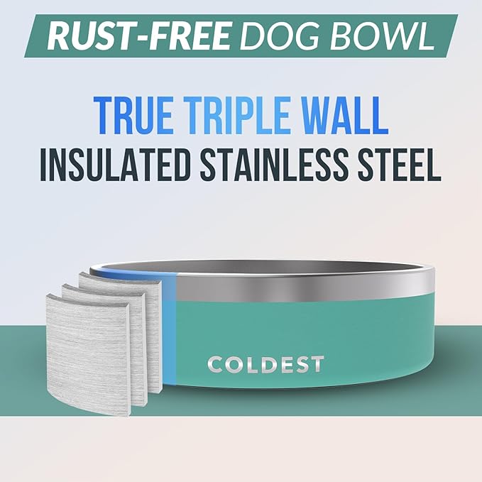 Coldest Dog Bowl - Anti Rust Metal, Non Slip, 3 Layers Insulated Stainless Steel Dog Bowls - Spill Proof & Heavy Duty - Water Bowl for Dogs, Cats & Pets, Dish Washer Safe (42 oz, Terraform Green)