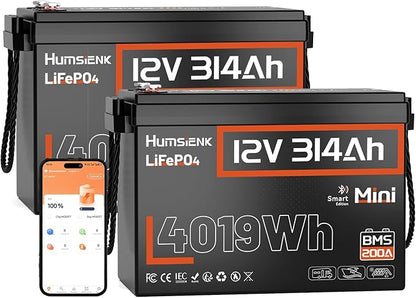 12V 300Ah (314Ah) LiFePO4 Lithium Battery Max. 4019Wh,15000+ Deep Cycles,200A BMS with Bluetooth,Lithium Iron Phosphate Rechargeable Battery Great for RV, Marine and Off Grid Applications, 2 PACK