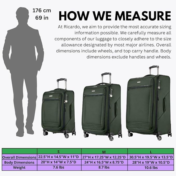 Ricardo Beverly Hills Avalon Softside Medium Check-In Luggage Made with Sustainable 100% Recycled PET (rPET), Lightweight, Eco-Friendly Travel, Expandable, Dual Spinner Wheels, Juniper Green, 28-inch