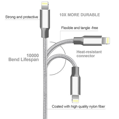 cugunu iPhone Charger, 5 Pack 3/3/6/6/10FT Apple MFi Certified USB Lightning Cable Nylon Braided Fast Charging Cord Compatible for iPhone 14/13/12/11/X/Max/8/7/6/5/SE/Plus/iPad - Gray