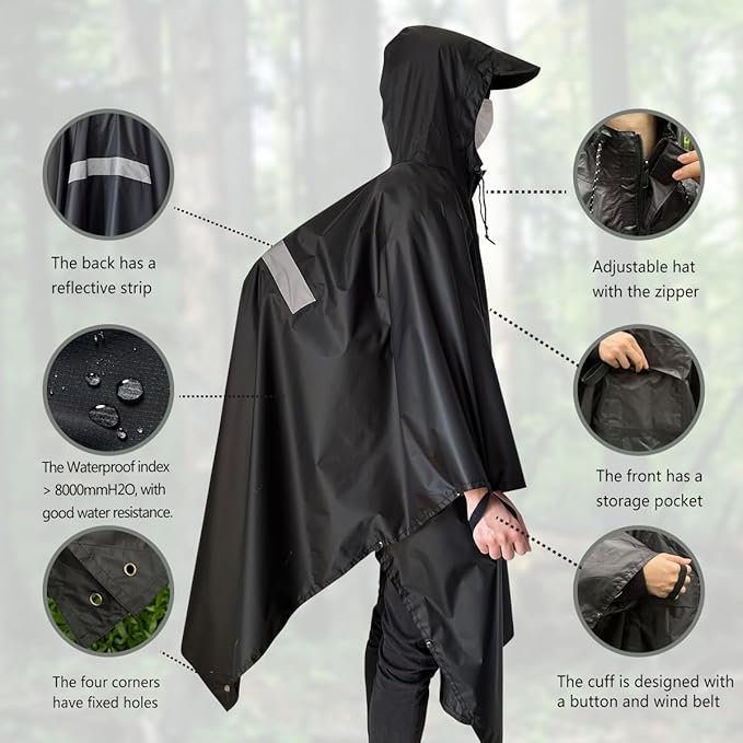 Hooded Rain Poncho,Multi Use Waterproof Raincoat,For Hiking, Camping and Emergency,Suitable for Unisex Adults