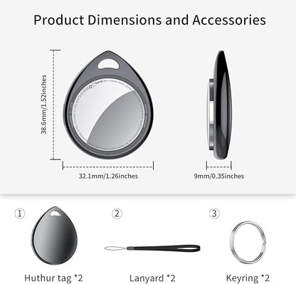 Tracker Tags-2 Pack Deep Black, 5.3 Bluetooth Tracker Work with Apple Find My (iOS Only), 100dB Sound, Smart Tag with Keychain/Lanyard, Item Finder for Luggage/Key/Suitcase, Replaceable Battery.