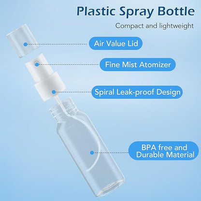 Spray Bottles, 2.7oz/80ml Clear Empty Fine Mist Plastic Mini Travel Bottle Set, Small Refillable Liquid Containers with 2pcs Funnels and 24pcs Labels (6 Pack)