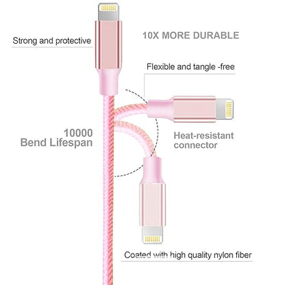 cugunu iPhone Charger, 5 Pack 3/3/6/6/10FT Apple MFi Certified USB Lightning Cable Nylon Braided Fast Charging Cord Compatible for iPhone 14/13/12/11/X/Max/8/7/6/5/SE/Plus/iPad - Pink