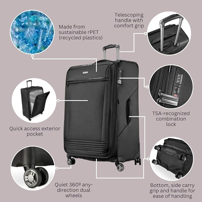 Ricardo Beverly Hills Avalon Softside Medium Check-In Luggage Made with Sustainable 100% Recycled PET (rPET), Lightweight, Eco-Friendly Travel, Expandable, Dual Spinner Wheels, Black, 24-inch