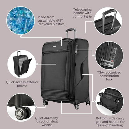 Ricardo Beverly Hills Avalon Softside Medium Check-In Luggage Made with Sustainable 100% Recycled PET (rPET), Lightweight, Eco-Friendly Travel, Expandable, Dual Spinner Wheels, Black, 24-inch
