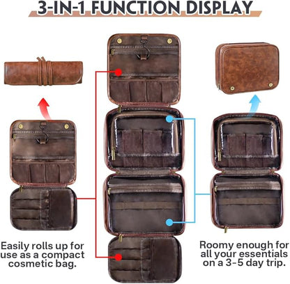 HDSD Custom 3-in-1 PU Leather Toiletry Bag For Men Personalized Hanging Travel Organizer Bag for Father Husband Boyfriend (Dark Brown)