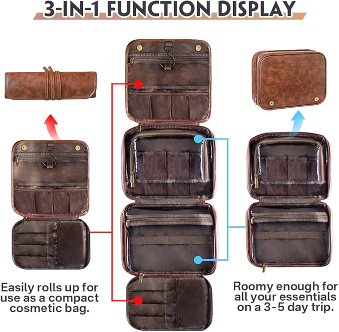 HDSD Custom 3-in-1 PU Leather Toiletry Bag For Men Personalized Hanging Travel Organizer Bag for Father Husband Boyfriend (Reddish brown)