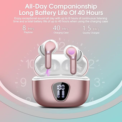Wireless Earbuds, Bluetooth 5.4 Headphones HiFi Stereo, Bluetooth Earbuds with ENC Noise Cancelling Mic, IP7 Waterproof in Ear Earphones, 48H, LED Display Ear buds for Pad Phones Workout, Rose Gold