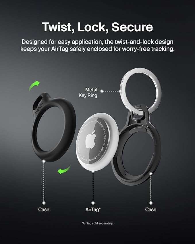 Belkin Apple AirTag Secure Holder with Key Ring - Durable Scratch Resistant Case With Open Face & Raised Edges - Protective AirTag Keychain Accessory For Keys, Pets, Luggage, Backpacks -2 Count Black