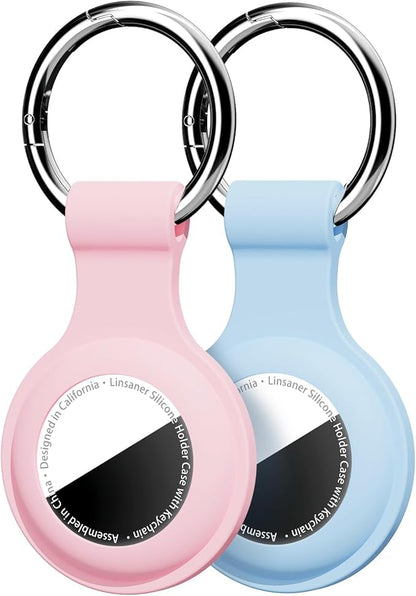 [2 Pack] for AirTag Holder with Keychain, Shockproof Silicone Case for Apple for Air Tag - Protective Cover GPS Tracker Accessories for Keys, Pets, Luggage & Backpacks (Pink/Grey Blue)