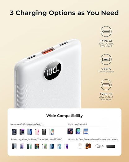 Small Portable Charger 10000mAh, Mini Power Bank with LED Display, 22.5W PD Fast Charging USB-C Battery Pack, Compact Lightweight Travel Charger Compatible with iPhone Samsung Android, White
