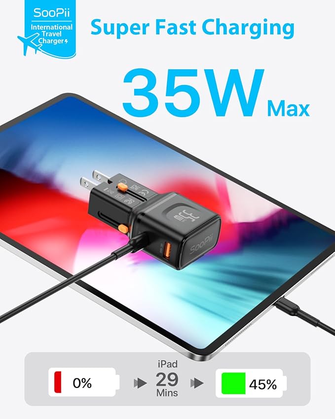 SooPii Gan USB C Charger 35W, 2 Port PD PPS QC Universal Travel Adapter, All-in-One Travel Charger with US UK EU AU Plug Adapter for for Galaxy S25/S24/Note 20, iPhone 16/15/14, iPad, Pixel and More