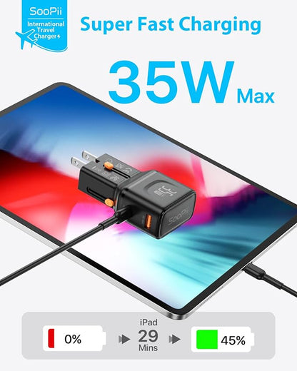 SooPii Gan USB C Charger 35W, 2 Port PD PPS QC Universal Travel Adapter, All-in-One Travel Charger with US UK EU AU Plug Adapter for for Galaxy S25/S24/Note 20, iPhone 16/15/14, iPad, Pixel and More