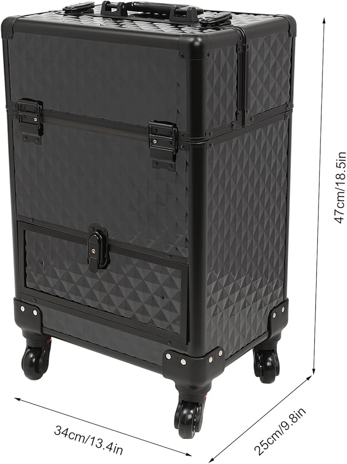 Rolling Makeup Train Case,Multi-functional Cosmetic Trolley with 360° Swivel Wheels Keys,Salon Barber Case Traveling Cart for Nail Technicians Hairstylist (Black)