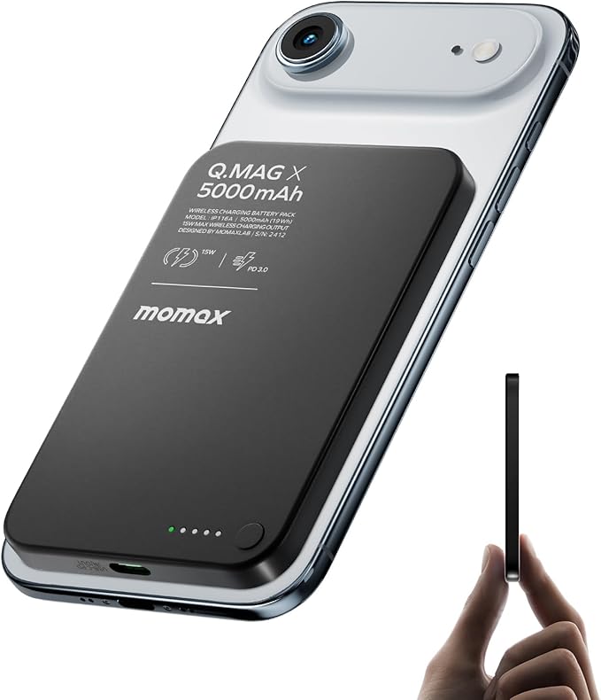 MOMAX Q.MAG Magnetic Power Bank 5000mAh, 0.3" Ultra Slim Portable Charger Battery Pack for iPhone Air/17 Pro Max/17 Pro/16/15/14/13/12 (1*USBC Port PD 20W, No Lighting)