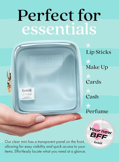 Embla London Makeup Bag Cosmetic Case, Clear Zipper Make Up Pouch and Toiletry Travel Tote, Cute Skincare Pouches for Women Girls, Preppy Purse Cosmetic Organizer, Mini Makeup Bags, Sky Blue