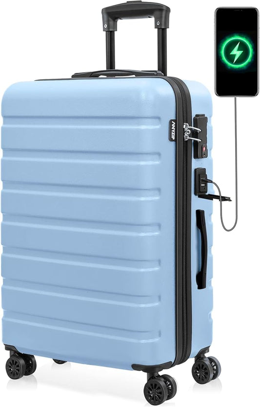 AnyZip Suitcase Hardside PC ABS Lightweight USB Luggage with Wheels TSA Lock Checked-Medium 24 Inch Light Blue