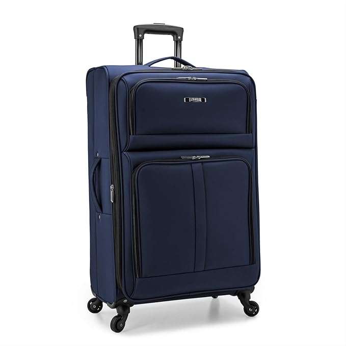 U.S. Traveler Anzio Softside Sturdy Ballistic Nylon Expandable Travel Suitcase Luggage with 4 Spinner Wheels, Navy, Checked-Large 30-Inch