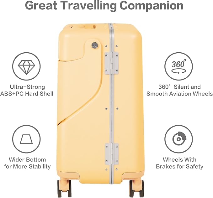 smilesun 20" Carry On Luggage with Seat For Kids & Adults，Hardside Ride On Suitcase Front Opening with 360°Spinner and TSA Lock For Travel (Yellow with Front Open, 20")