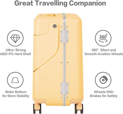 smilesun 20" Carry On Luggage with Seat For Kids & Adults，Hardside Ride On Suitcase Front Opening with 360°Spinner and TSA Lock For Travel (Yellow with Front Open, 20")
