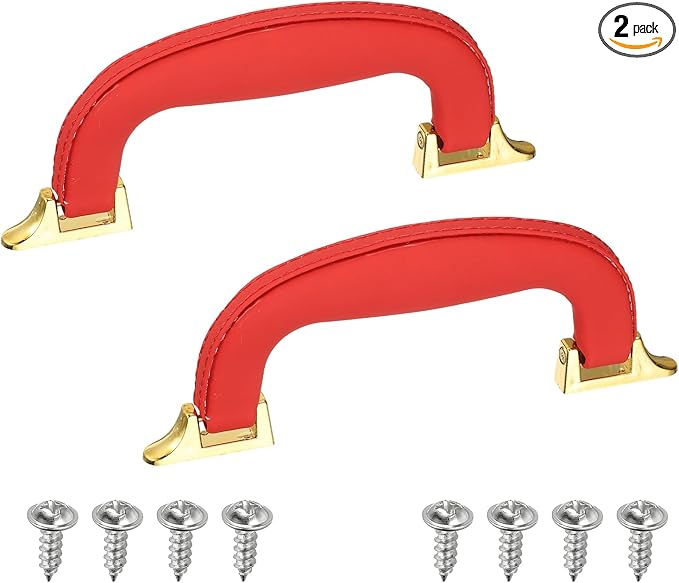 uxcell 2 Pcs PU Leather Luggage Handle, 0.9" Hole Distance Vintage U-Shape Replacement Strap Handle for Travel Handbag Guitar Musical Box Gift Boxes, Red/Gold