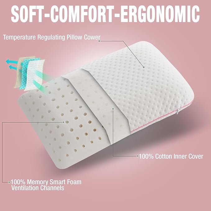alkamto Travel & Camping Comfortable Memory Foam Pillow – Easy to Carry Portable Bag – Temperature Regulating Pillow Case (Pink + Extra Cover)