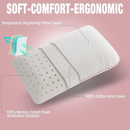 alkamto Travel & Camping Comfortable Memory Foam Pillow – Easy to Carry Portable Bag – Temperature Regulating Pillow Case (Pink + Extra Cover)