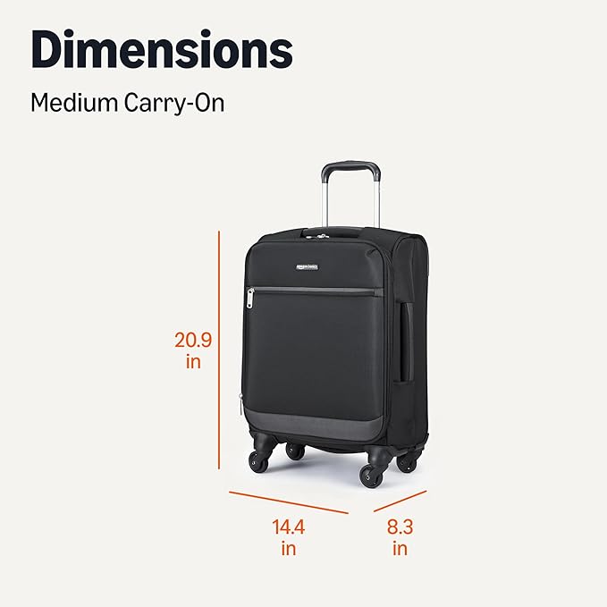 Amazon Basics Luggage, 18" Medium Carry-On Softside Suitcase With Wheels, With Four 360-Degree Multi-directional Spinner Wheels, Expandable Space, ZipperedPocket and Straps, Telescopic Handle, Black