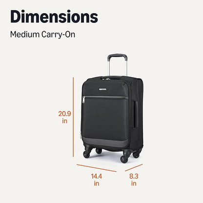Amazon Basics Luggage, 18" Medium Carry-On Softside Suitcase With Wheels, With Four 360-Degree Multi-directional Spinner Wheels, Expandable Space, ZipperedPocket and Straps, Telescopic Handle, Black