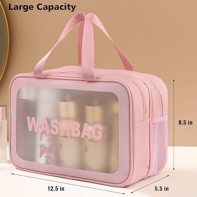 Travel Toiletry Bag for Women, Matte Translucent Toiletry Bag with Handy Handle, Makeup Cosmetic Organizer Bag for Travel Toiletries Accessories (Pink-XL)