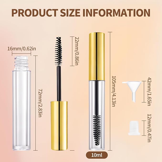 16 Pack Empty Mascara Tube 10ml Refillable Bottles with Brush Wand&Funnels,Leakproof Travel Containers for Lash & Brow Serum,Portable for Makeup Artists or Beginners(Gold)
